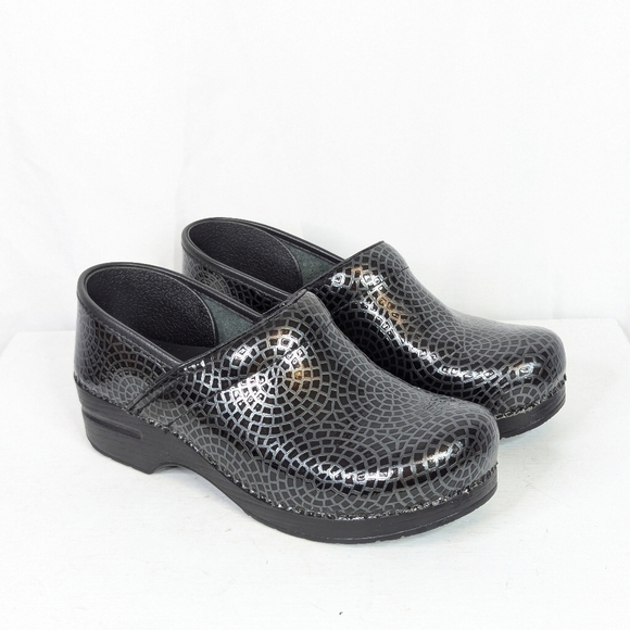 Dansko Shoes - Dansko Grey Black Patent Tooled Geometric Mosaic Leather Professional Clogs